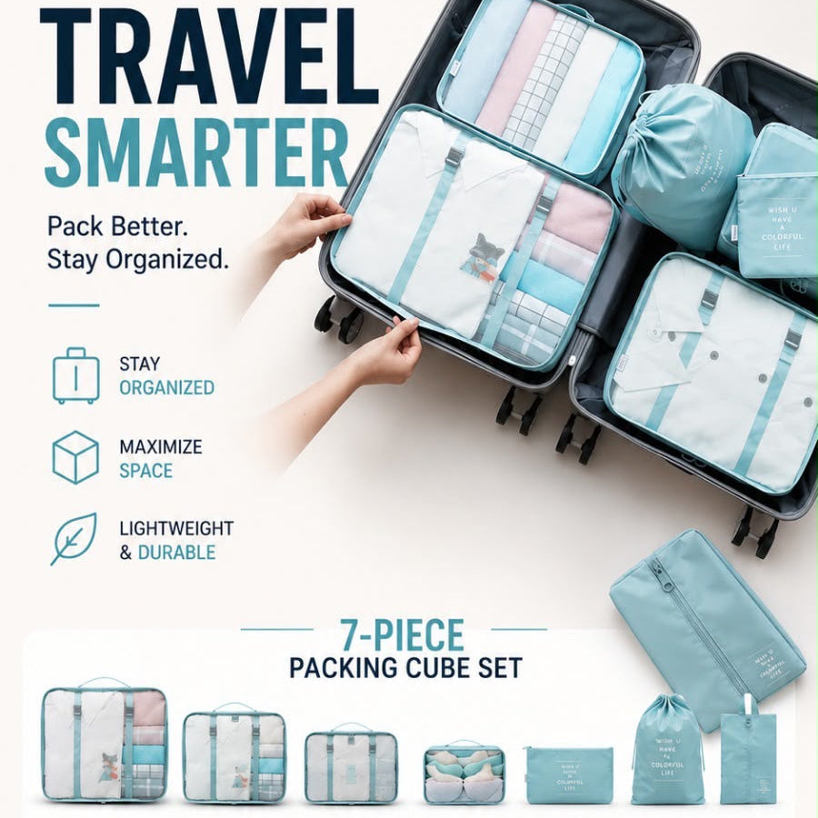 7-Piece Packing Cube Set with Shoe Bag and Laundry Pouch