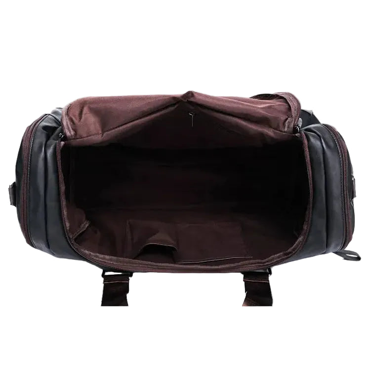 Brown duffel bag on a light gray background