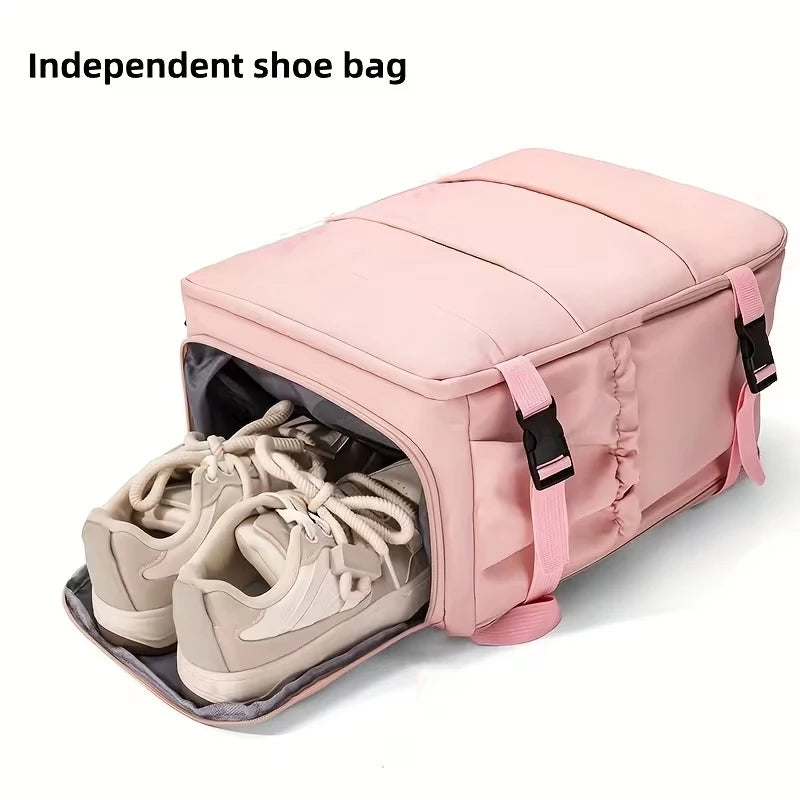 Pink shoe bag with a pair of sneakers inside on a white background