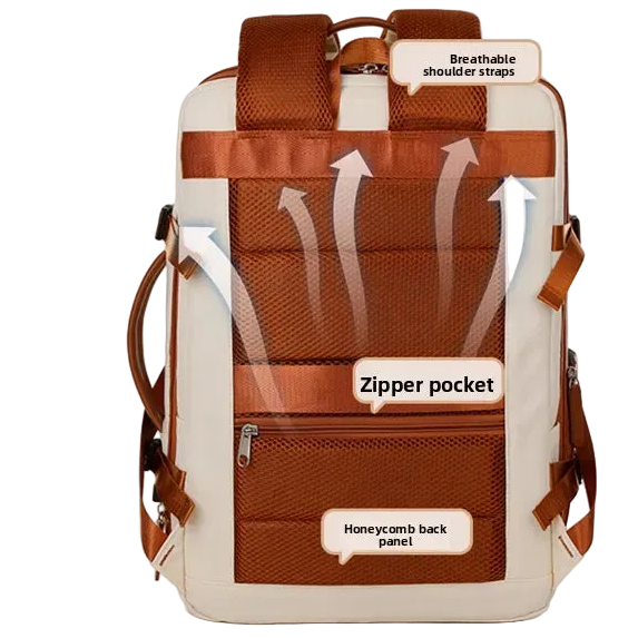 Backpack with features highlighted, including comfortable cushioning and breathable materials.