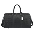 Black travel duffel bag on a light gray background with text about its uses.