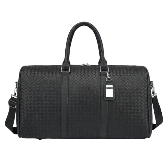 Black travel duffel bag on a light gray background with text about its uses.