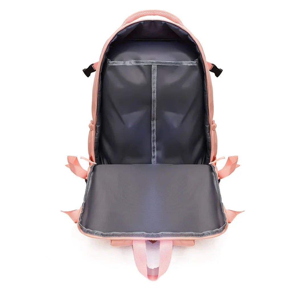 Backpack interior with pink exterior on a white background