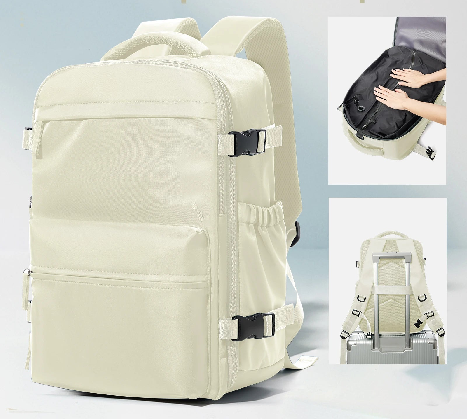 Beige vacuum compression backpack with additional images showing its features.