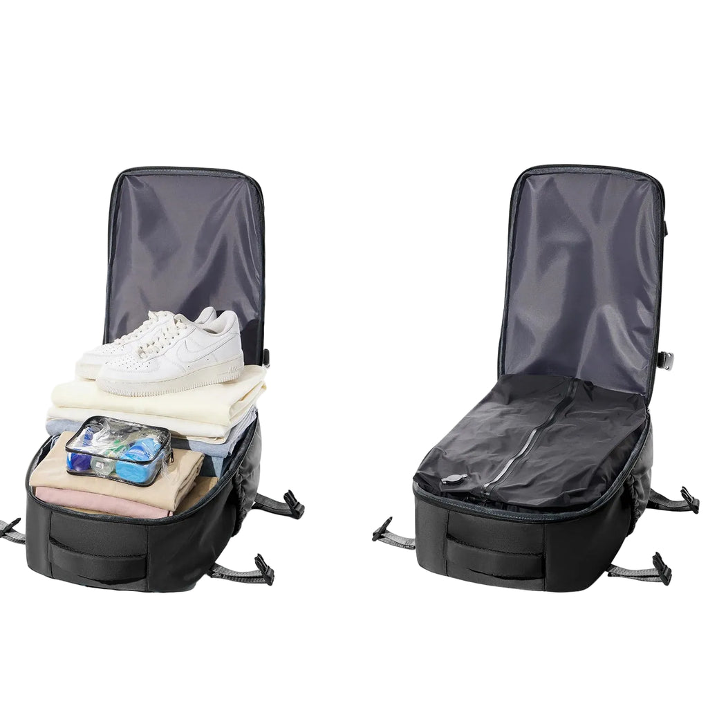 Compression bag showing before and after compression with text indicating capacity.