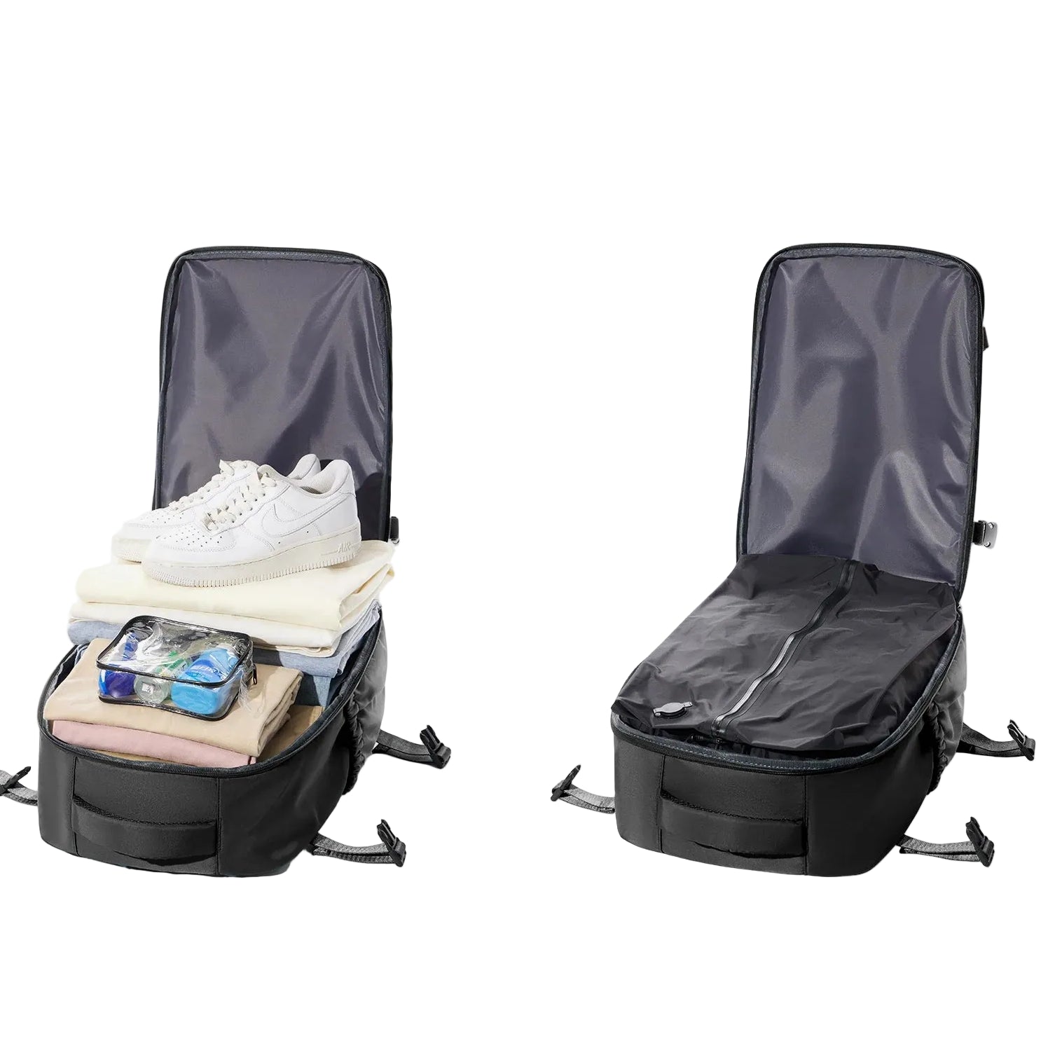 Compression bag showing before and after compression with text indicating capacity.