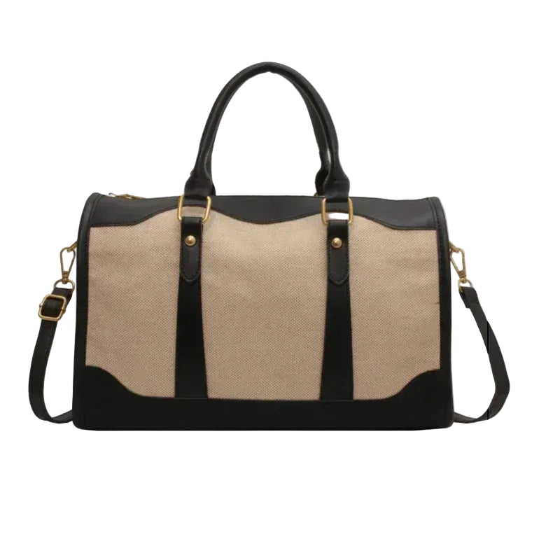 Beige and black handbag with measurements on a white background