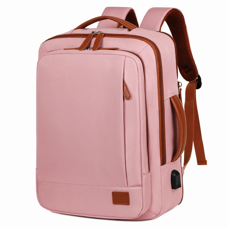 Pink backpack with brown accents on a white background