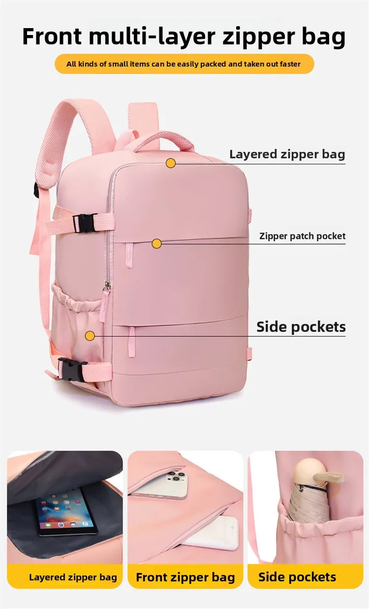 Pink backpack with labeled features on a white background