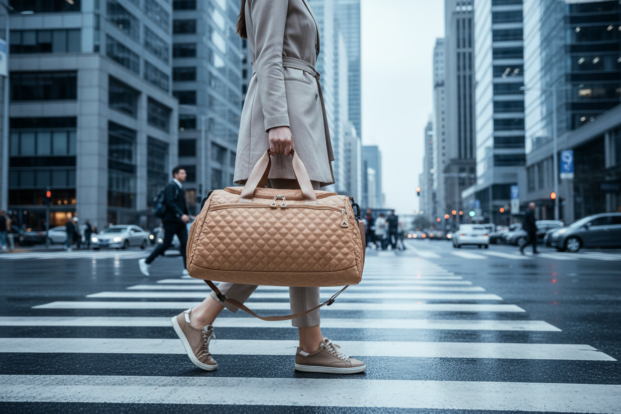 Person walking with a tan duffel bag on a city street