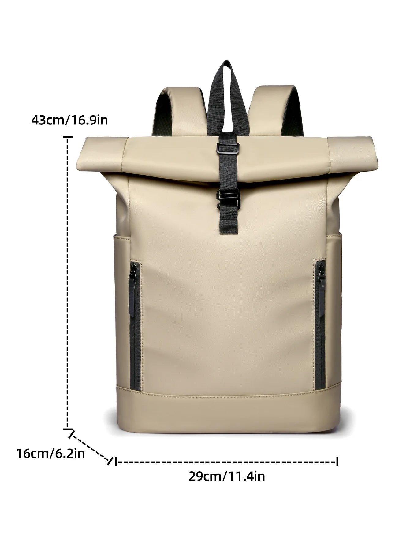 Beige roll-top backpack with black zippers and measurements on a white background