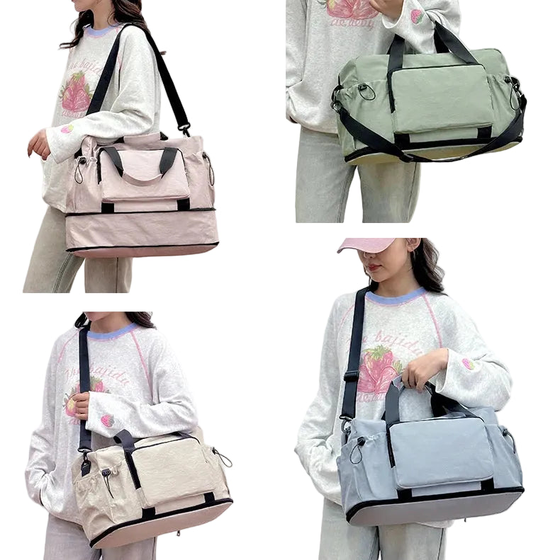 Collage of a person using a multi-functional backpack in different modes on a plain background.