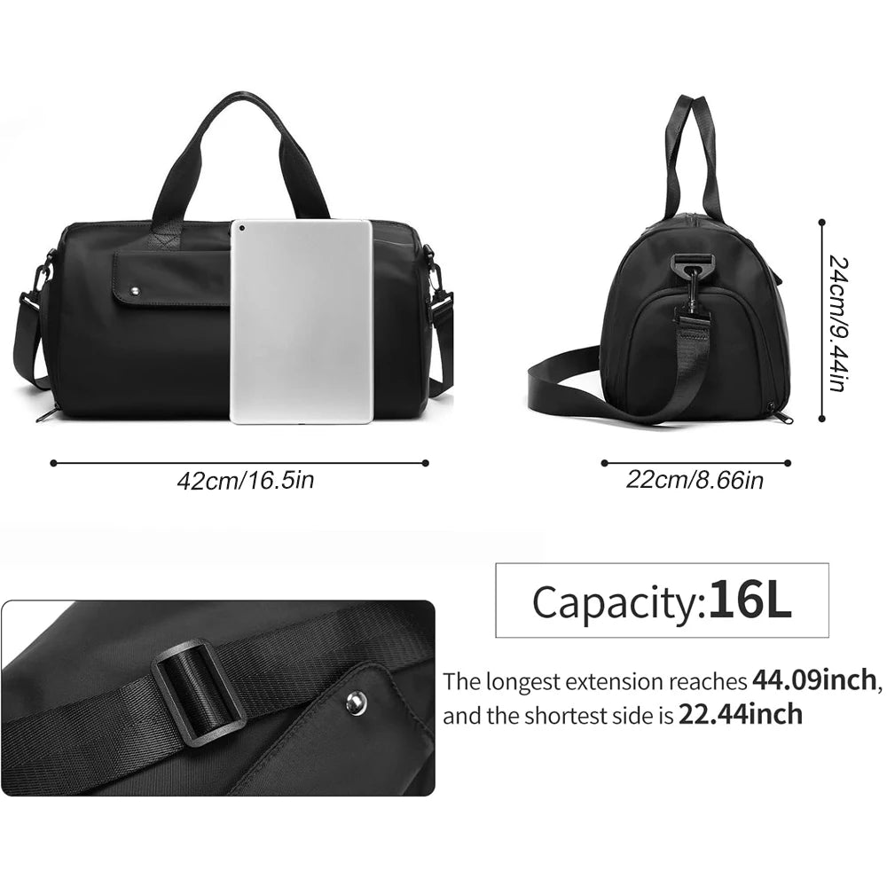 Black travel bag with dimensions and capacity details on a white background