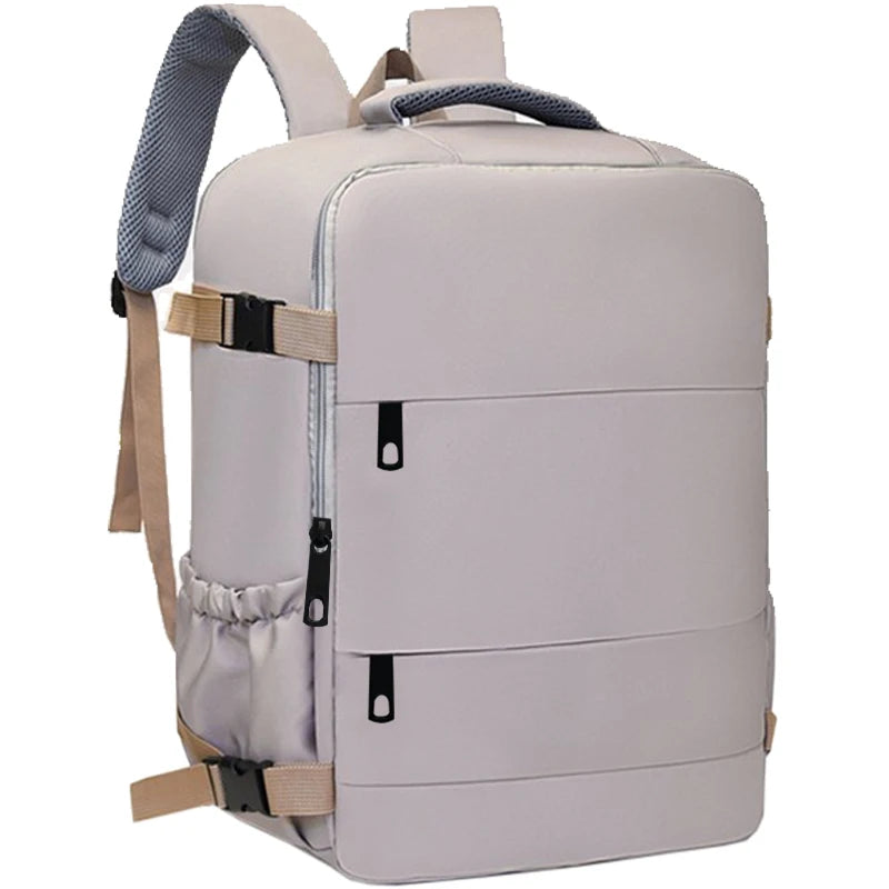 Light gray backpack with beige straps on a white background