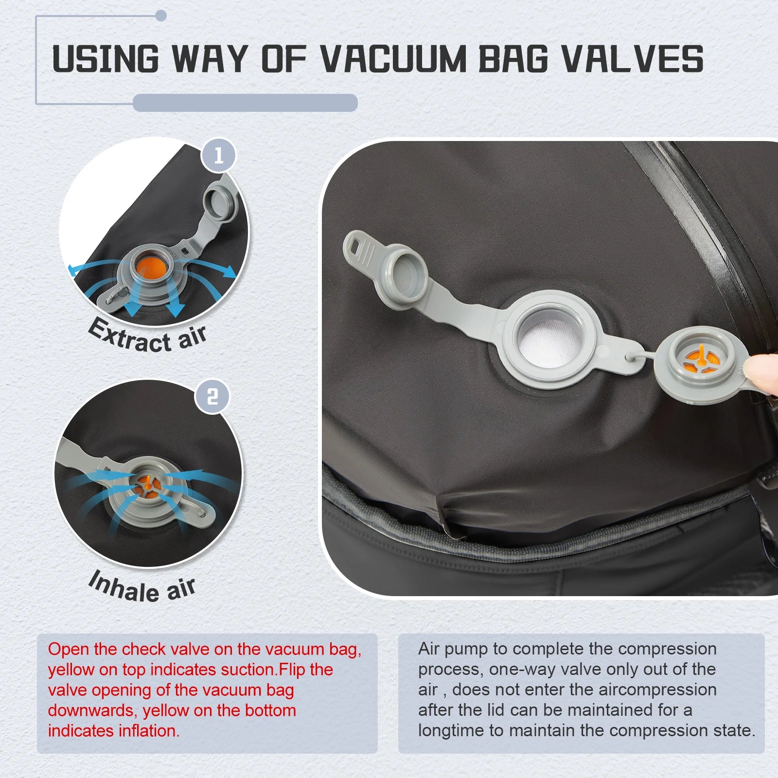 Instructions on using vacuum bag valves with text and diagrams.