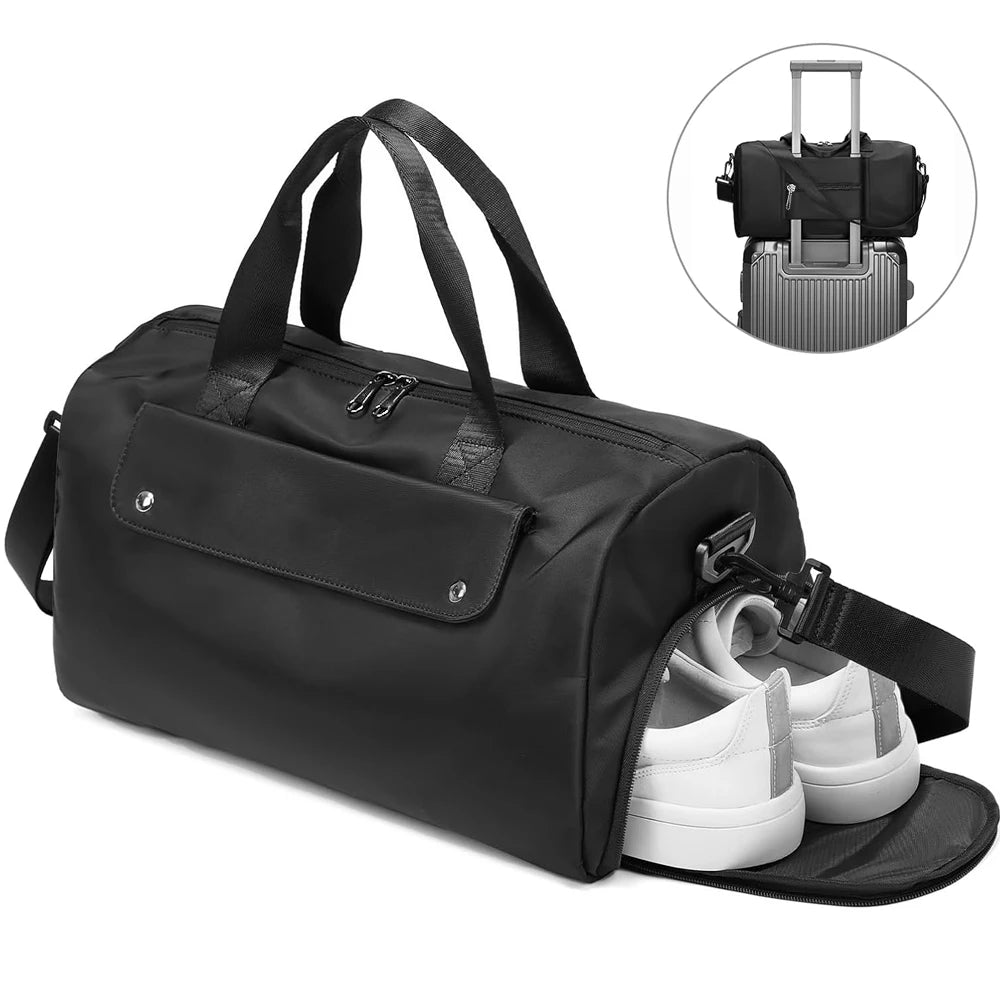 Black duffel bag with white sneakers inside, showing a suitcase attachment feature.