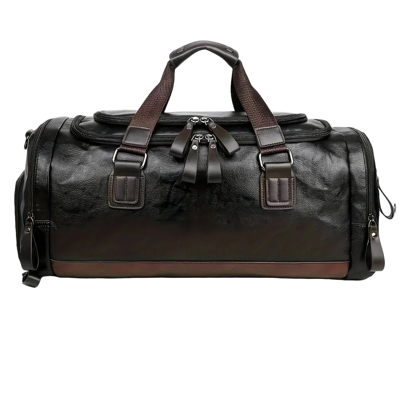 Black duffel bag with brown accents and measurements on a white background