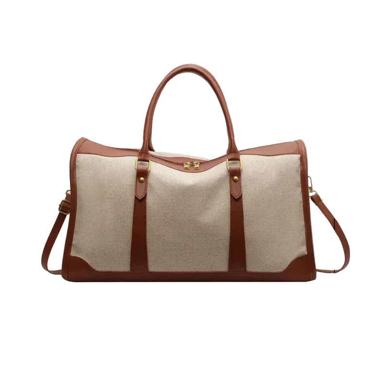 Beige travel bag with brown leather straps and handles, showing dimensions on a white background.