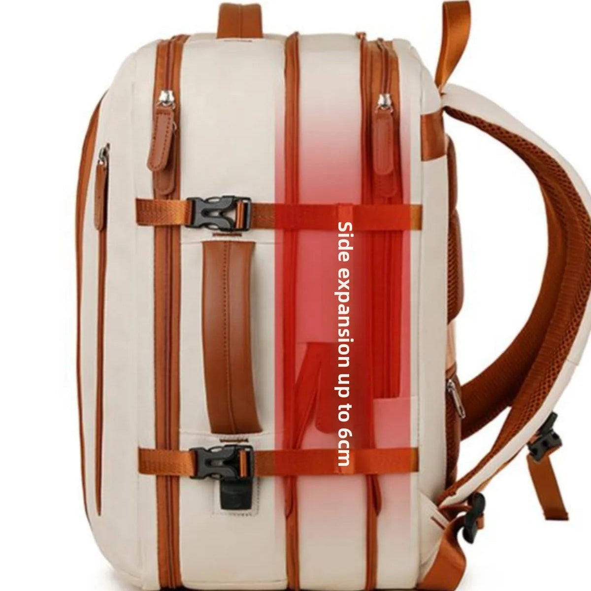 Backpack with brown straps and a capacity indicator on a white background