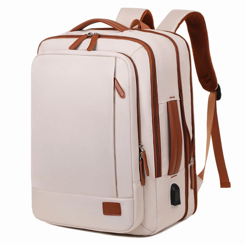 Beige backpack with brown accents on a white background