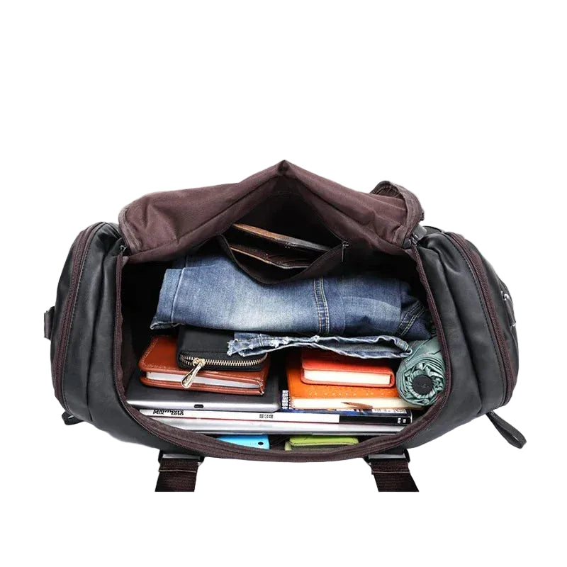 Open duffel bag with various items on a light gray background, featuring the 