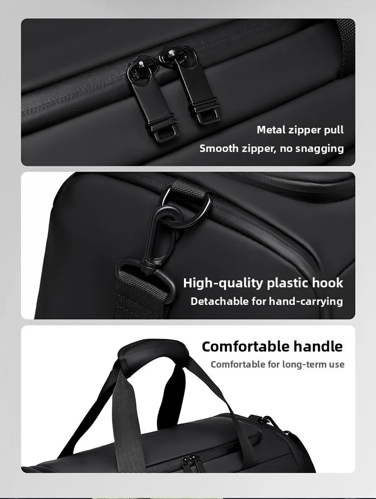 Black bag with metal zipper pull, high-quality plastic hook, and comfortable handle on a gray background.
