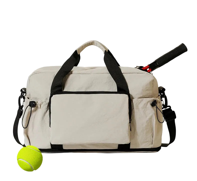 Beige sports bag with black straps and a tennis ball on a white background