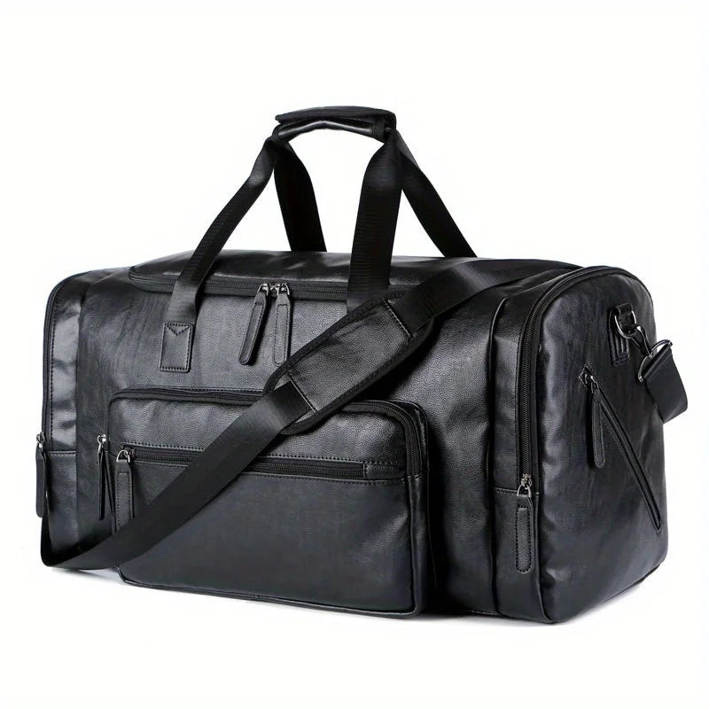 Black leather duffel bag with shoulder strap on a white background