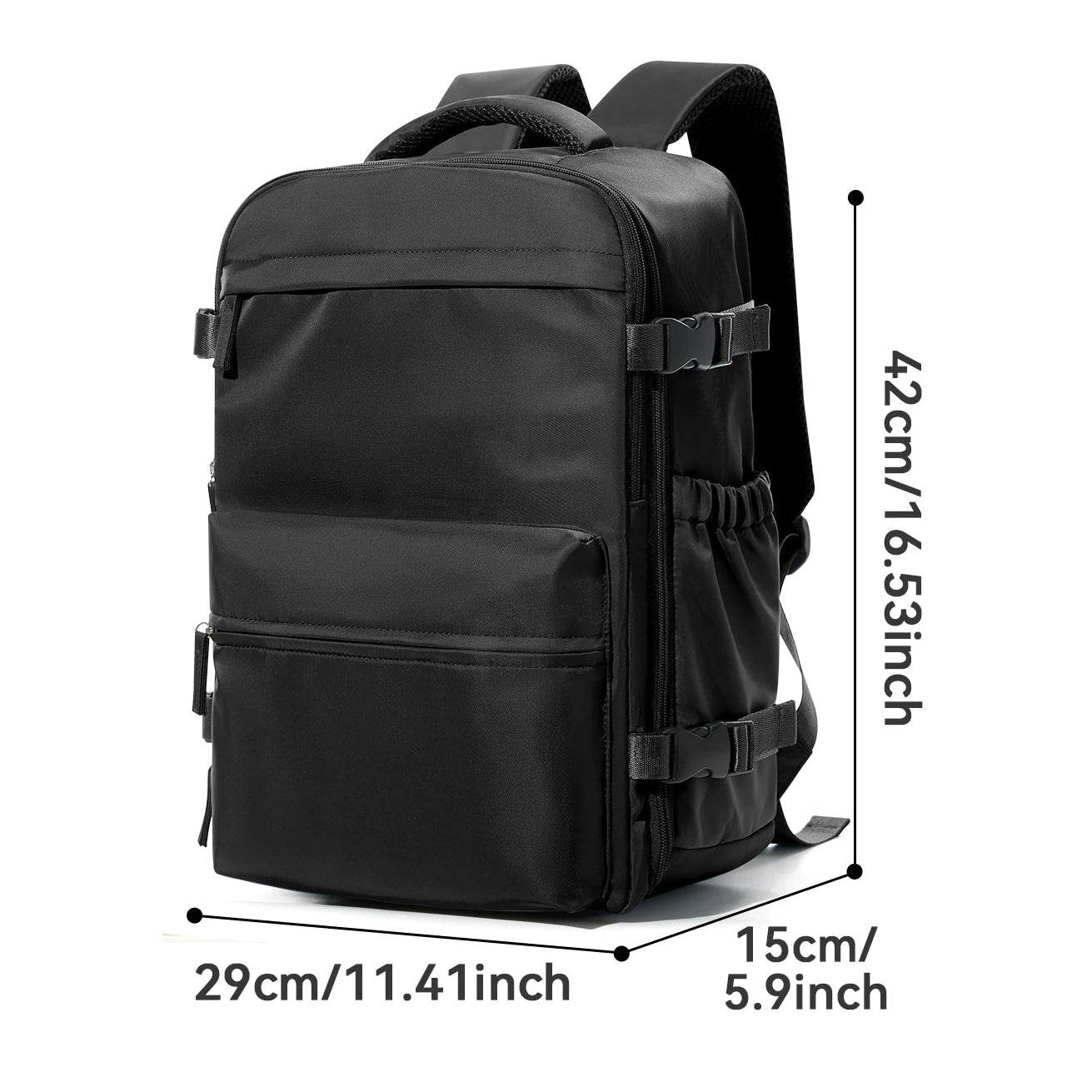 Black backpack with dimensions labeled on a white background