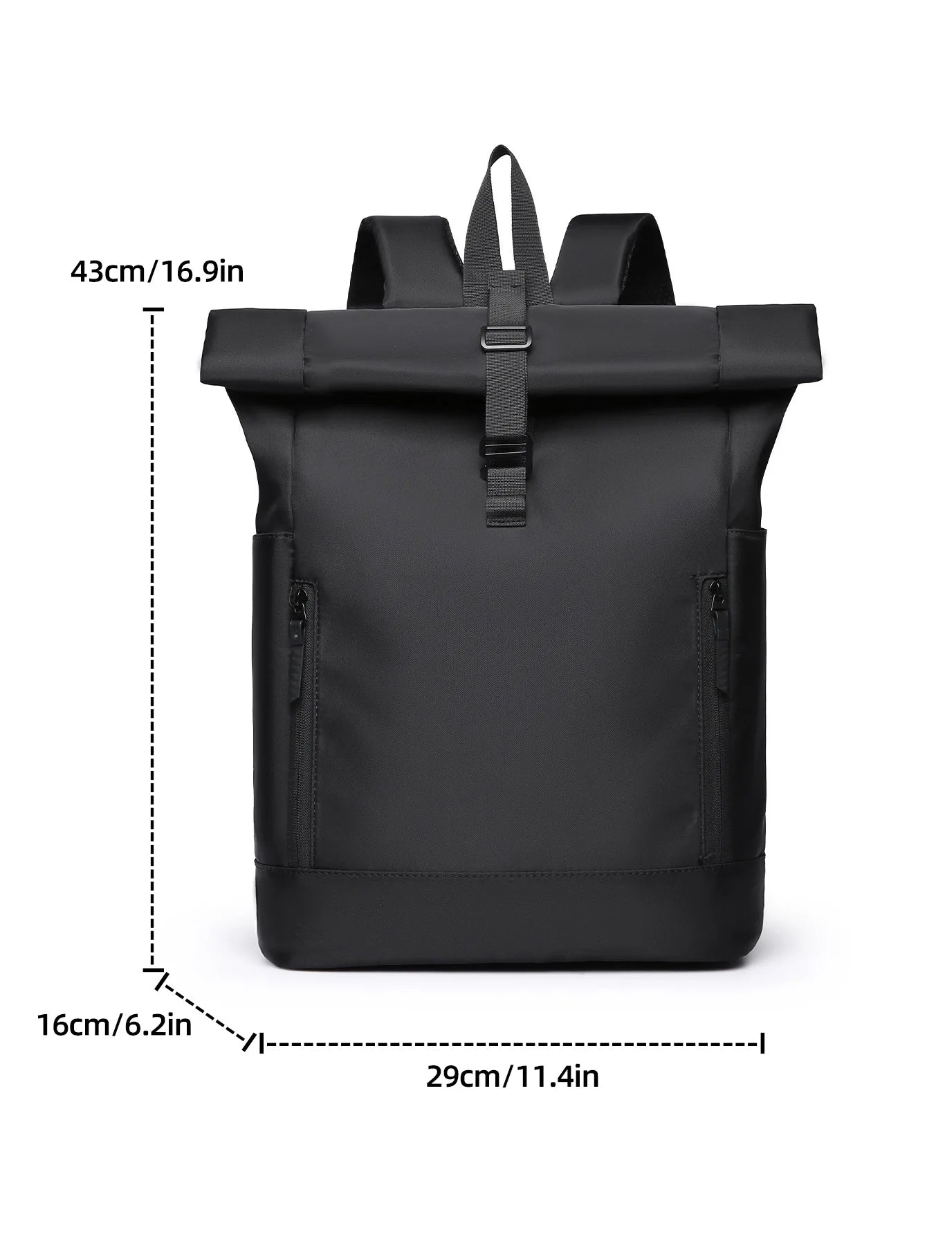 Black backpack with measurements on a white background