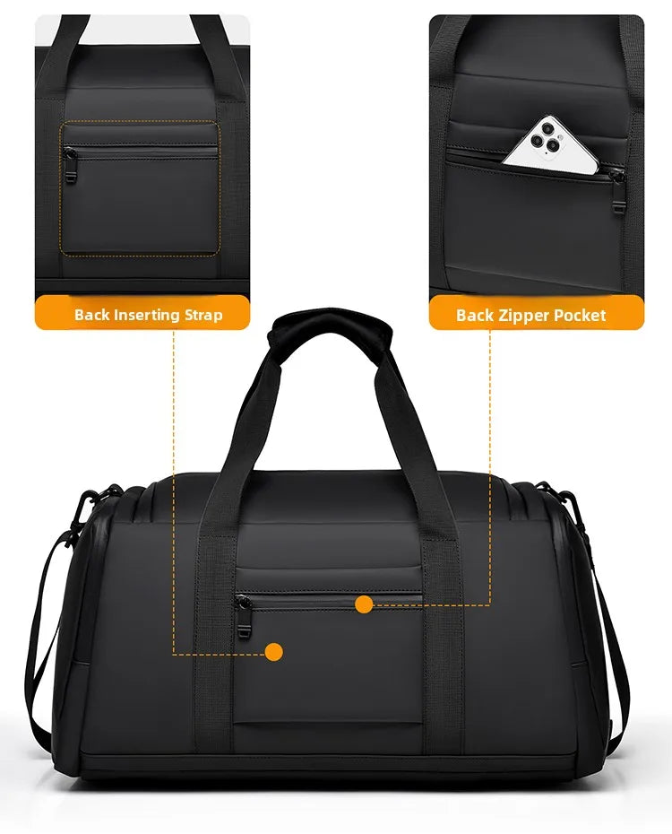 Black travel duffel bag with back inserting strap feature on a white background