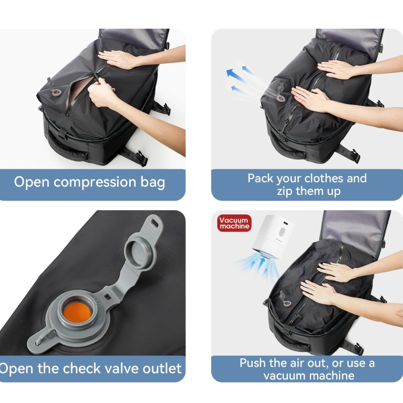 Instructions for using a compression bag with images and text on a white background