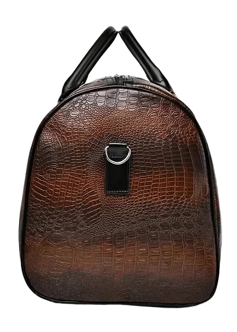 Brown textured backpack with metal hook and carrying method instructions on a white background