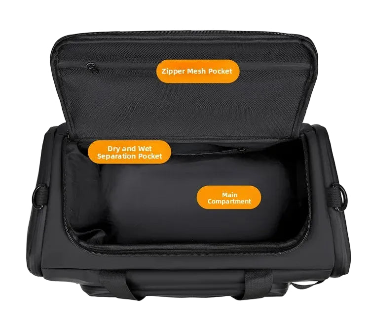 Black storage bag with dry and wet separation pocket feature, showing a close-up of towels inside.
