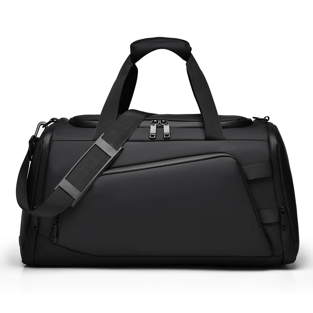 Black duffel bag with shoulder strap on a white background