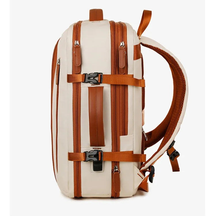 Backpack with brown straps on a white background
