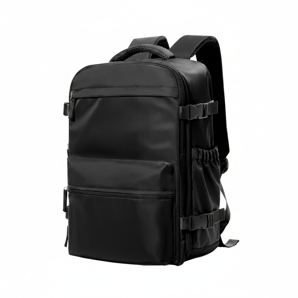Black backpack with multiple straps on a white background