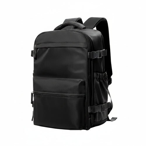 Black backpack with multiple straps on a white background