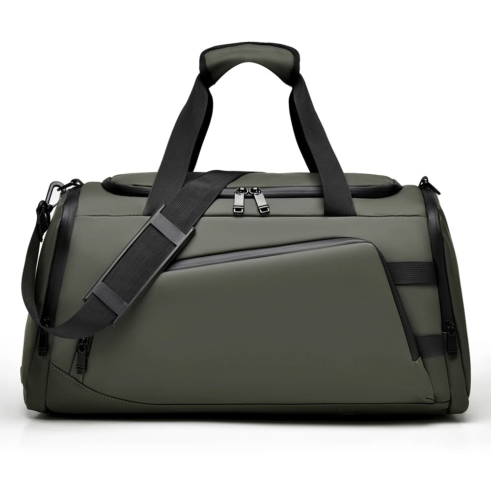 Green duffel bag with black straps on a white background