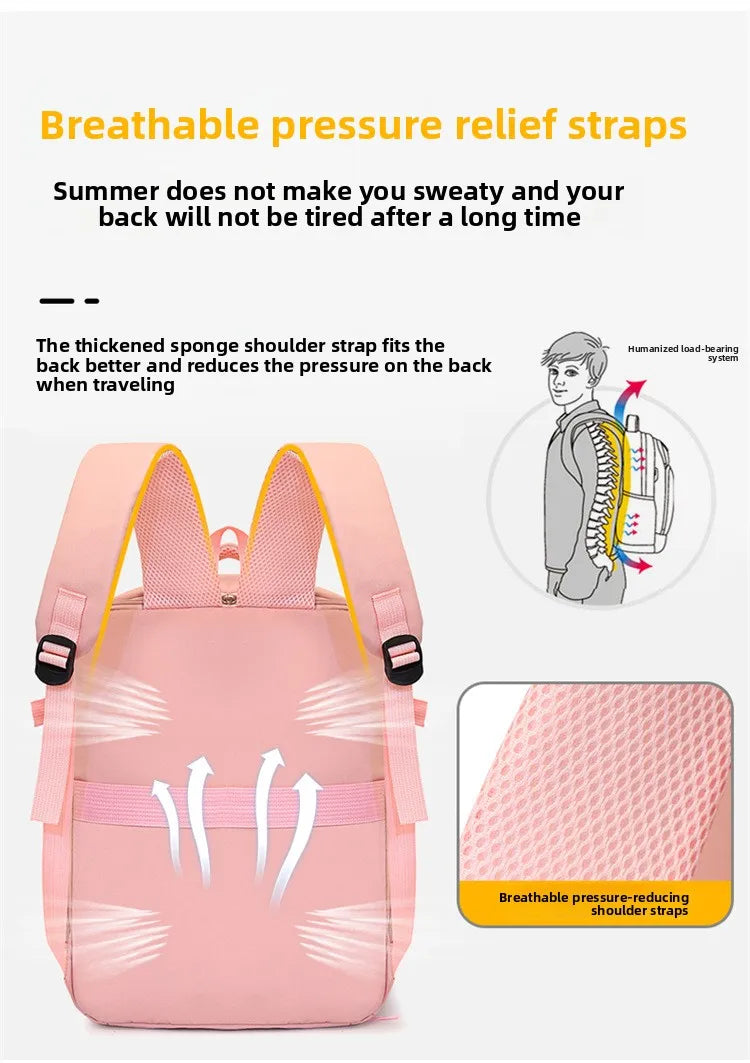 Pink backpack with breathable pressure relief straps and text explaining their benefits.