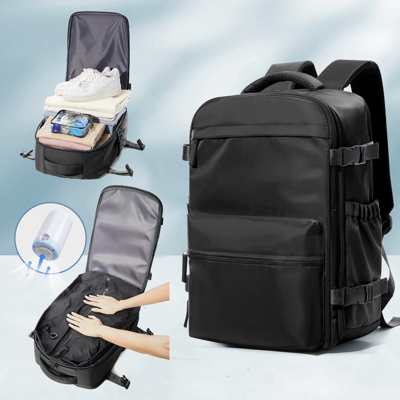 Black backpack with multiple compartments and a hand using an air freshener.