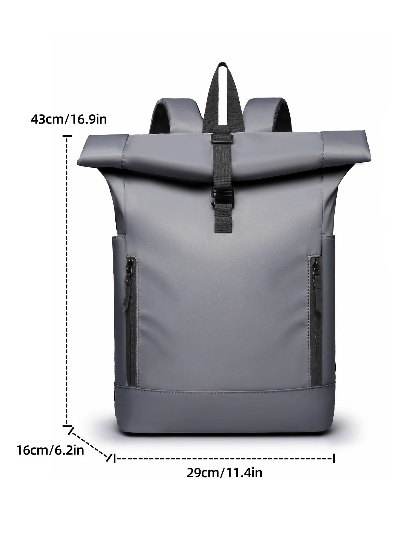 Gray backpack with measurement details on a white background