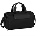 Black duffel bag with shoulder strap on a white background