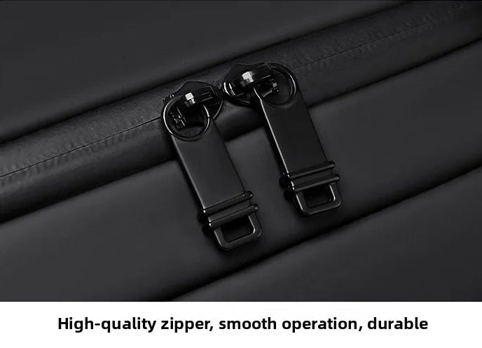 Close-up of a black zipper on a dark background with text 'High-quality zipper, smooth operation, durable'.