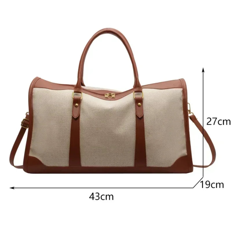 Beige and brown handbag with measurements on a white background