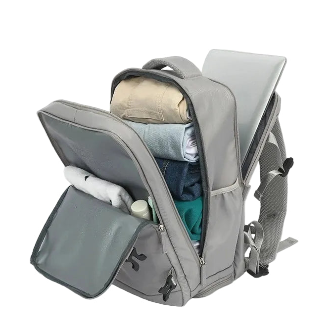 Gray backpack with compartments filled with items on a light gray background