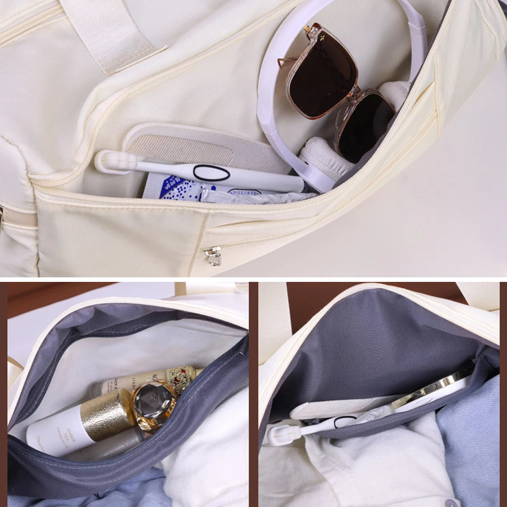 Collage of a white bag with compartments containing personal items like sunglasses, toothpaste, and a hair straightener.