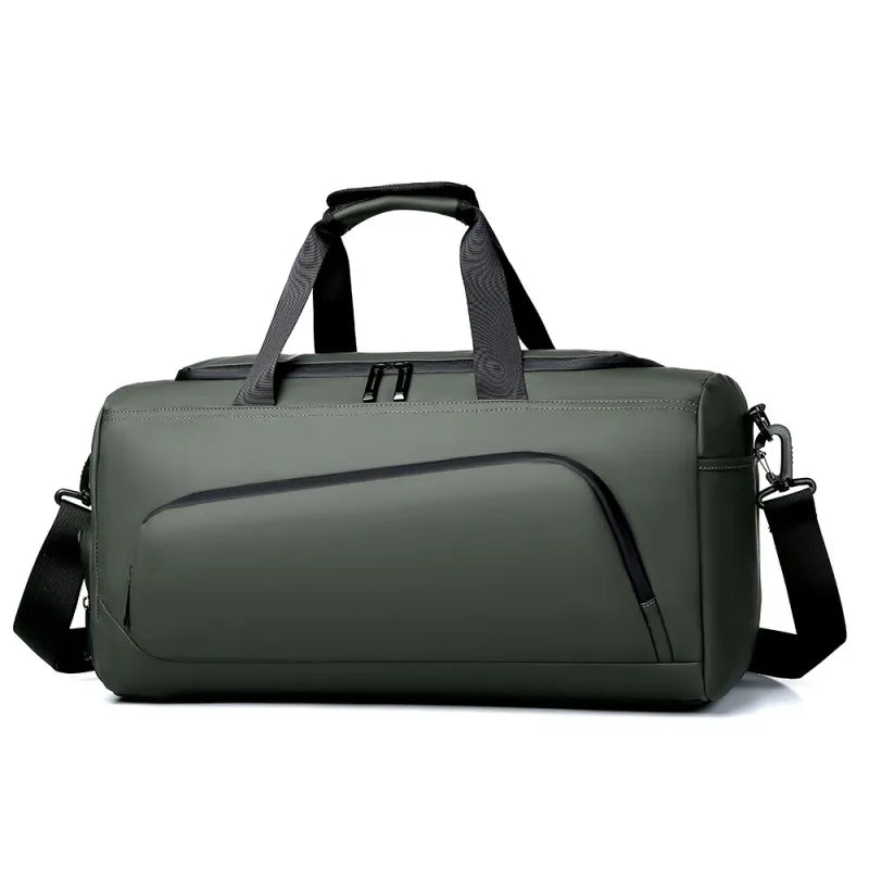 Gray duffel bag with black straps on a white background