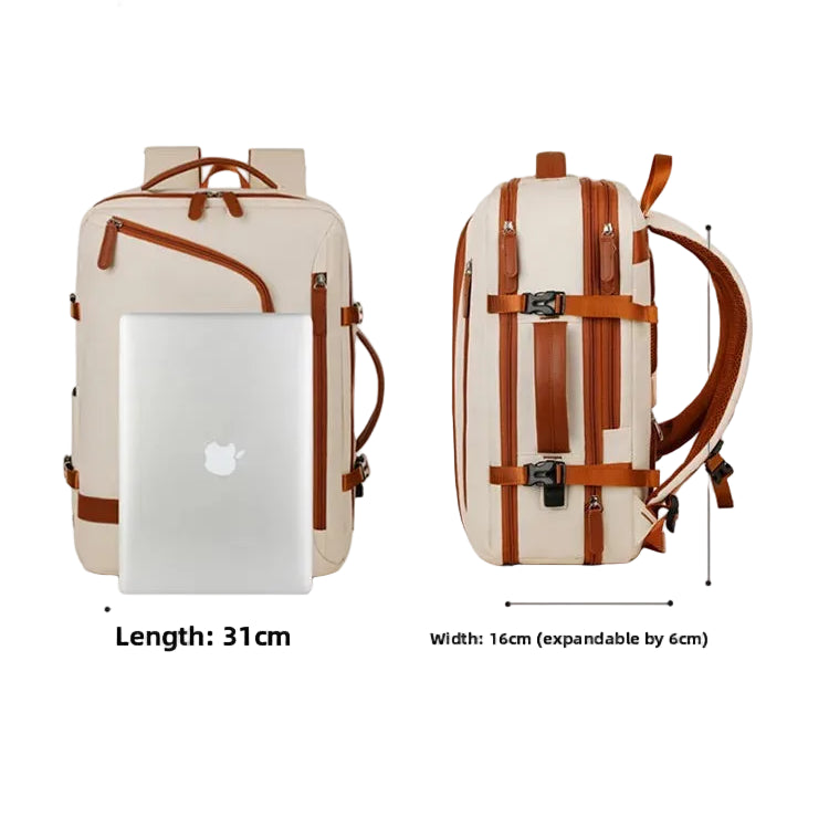 Multifunctional backpack with dimensions and product specifications.