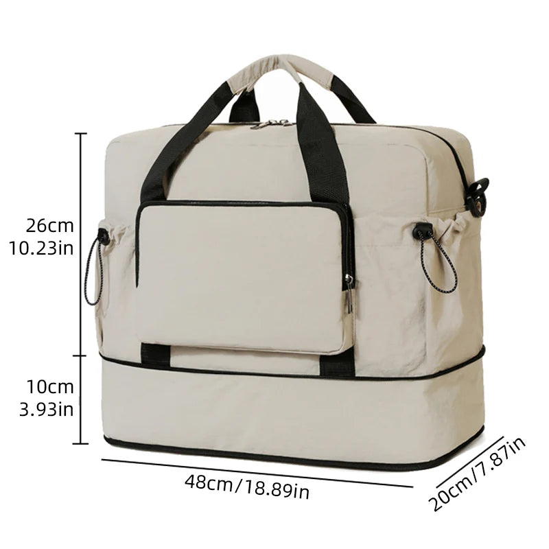 Beige travel bag with black straps and dimensions indicated on a white background